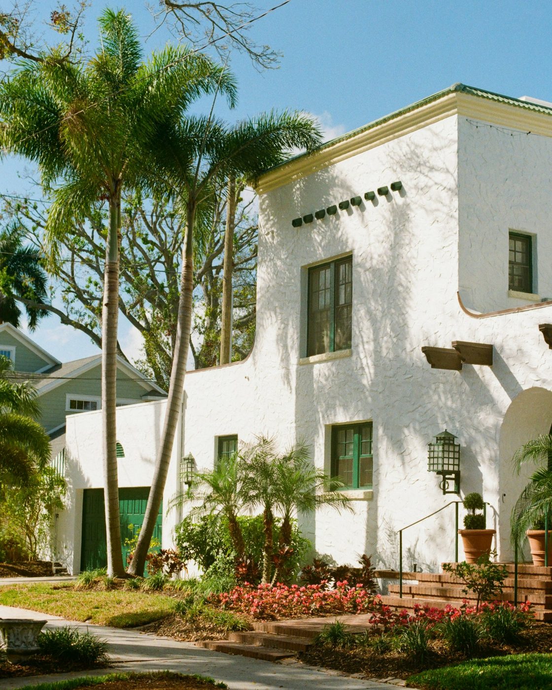 White stucco Florida home with royal palms