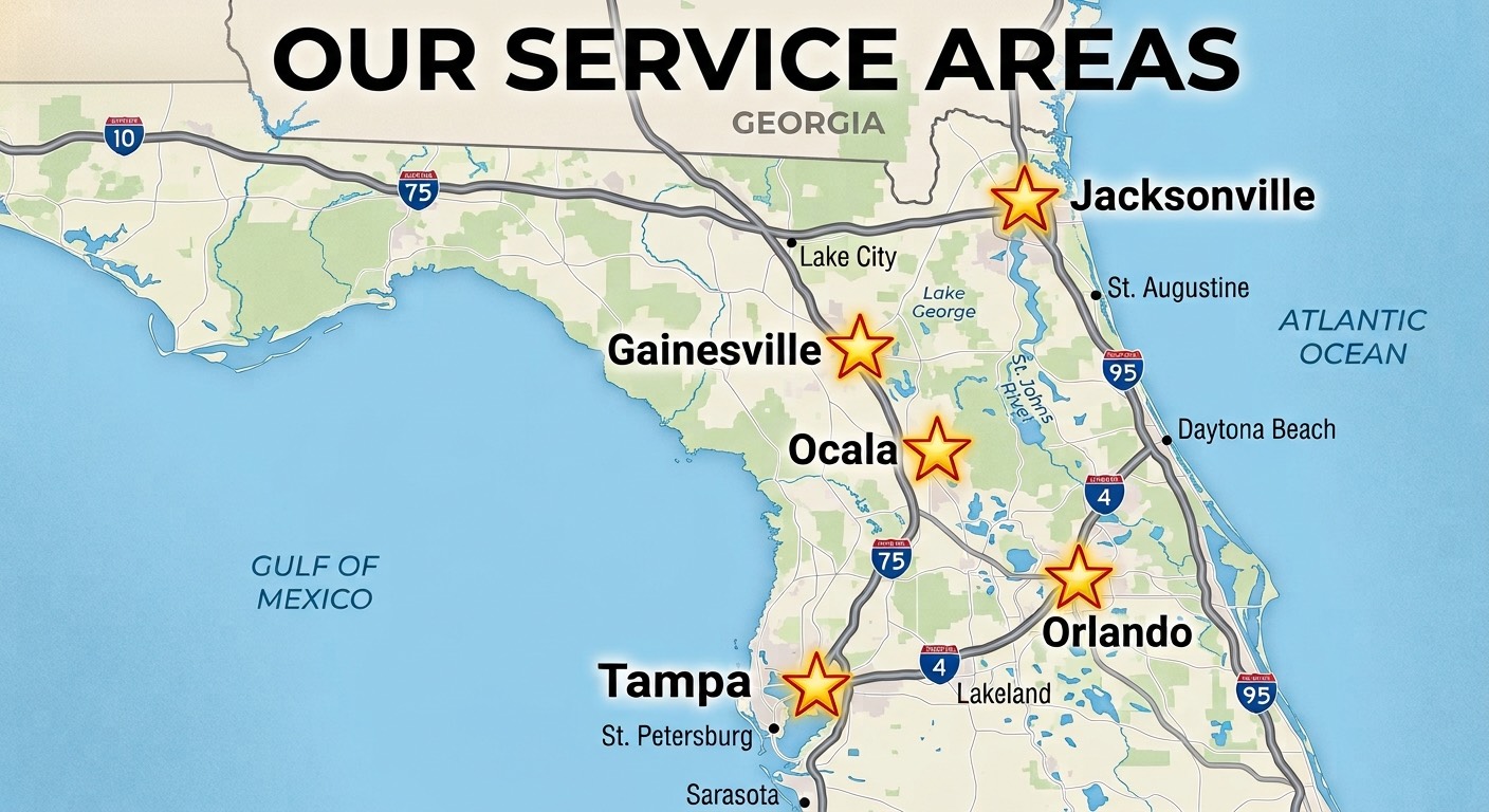 Service area map: Jacksonville, Gainesville, Ocala, Orlando, and Tampa marked with star markers. Supporting cities include St. Augustine, Daytona Beach, Lakeland, St. Petersburg, and Sarasota.